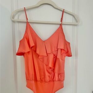 Coral Ruffle Off-Shoulder Bodysuit